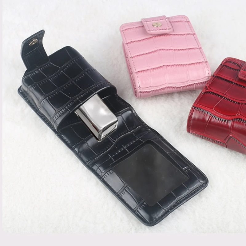 Portable Lipstick Bag with Button Miniature PU Leather Coin Purse Holder Crocodiles Embossed Women Makeup Storage Case