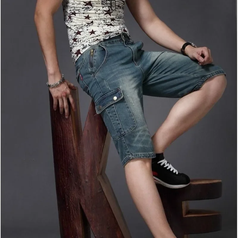 

Long Man Denim Shorts Bermuda Short Jeans Pants for Men Straight with Pockets Half Skinny Slim Luxury Buttons Retro Vintage Xl