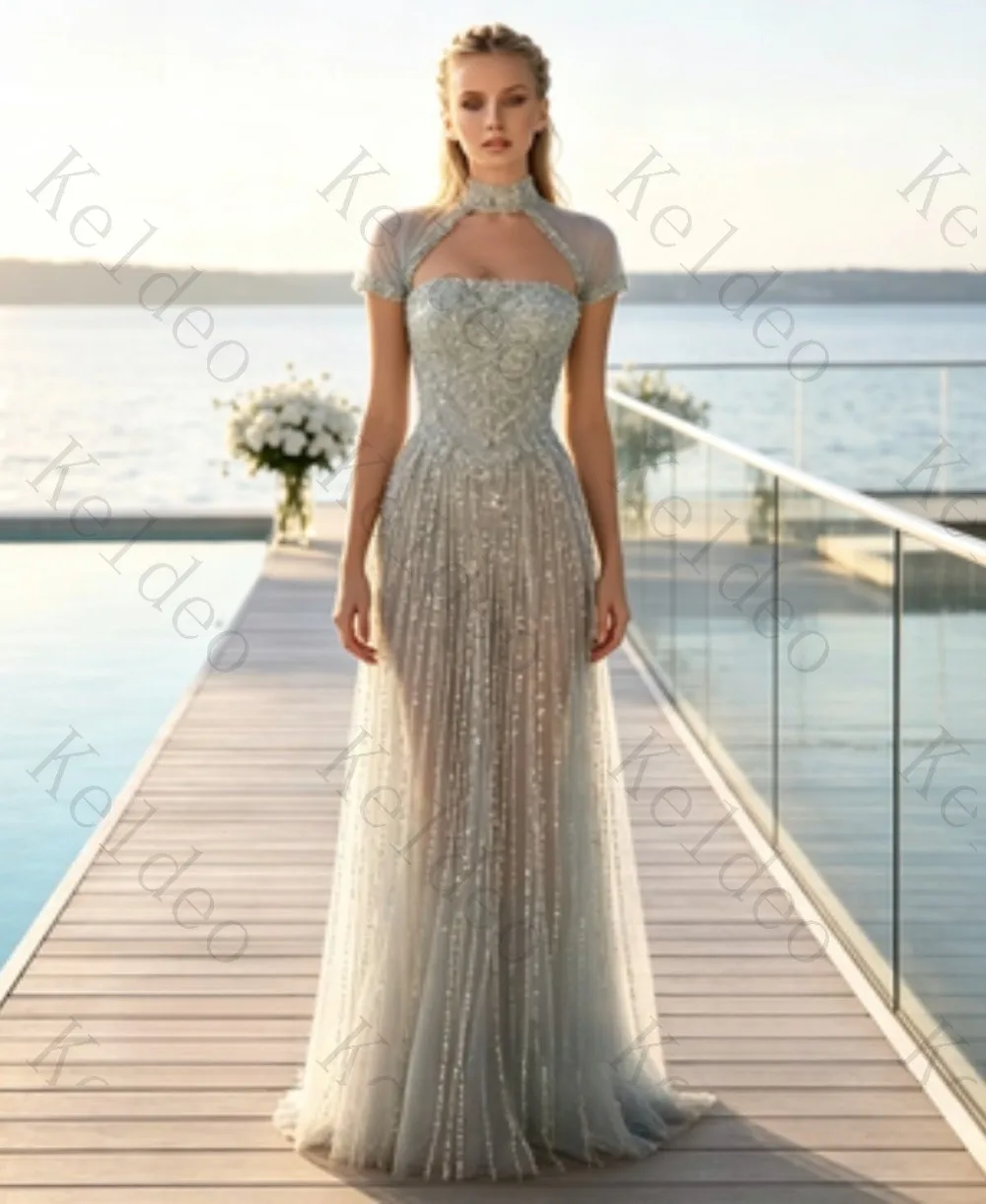 Customized Dusty Blue Sparkly Tulle Mermaid Evening Dress High Mock Neck Cutout Short Sheer Sleeve Full Beaded Formal Gown Prom