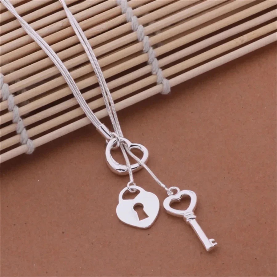 

Hot new 925 Sterling Silver Elegant key love heart Chain Necklace For Women Wedding Fashion Jewelry Gifts boutique accessories