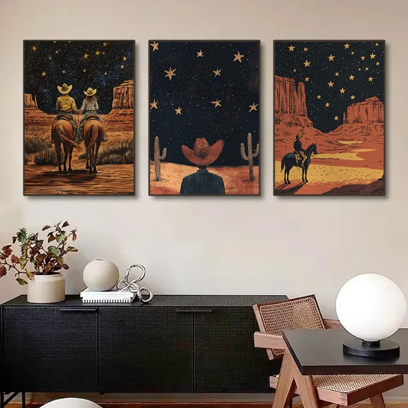 (No frame)Retro Abstract Cowboy Stargazing Western Desert Cactus Night Landscape Poster Canvas Painting Wall Pictures Home De