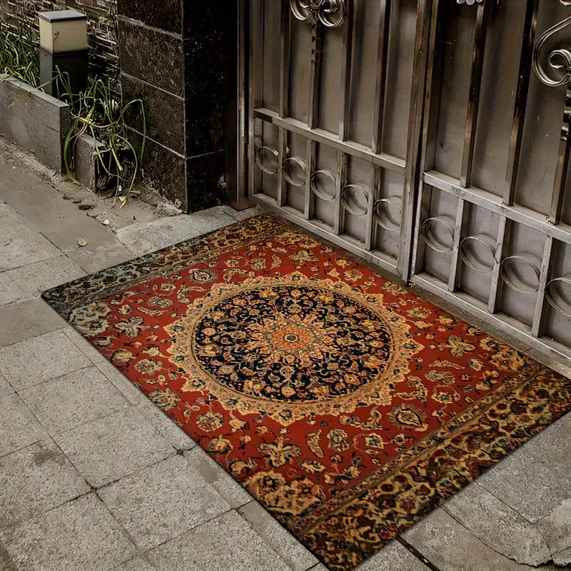

1pc Vintage Persian Carpet Pattern Door Mat - Classic Persian Design, Absorbent Non-Slip Polyester Area Mat, Kitchen Floor Mat