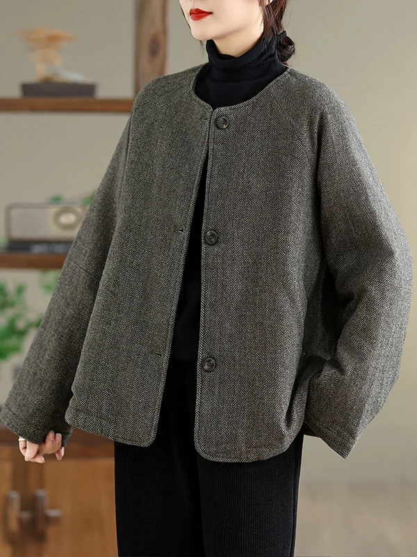 

Retro round Ne Cotton Jaet Women's Loose Casual Sle ort Length Upper Body Winter 2025 New Arrival Faionable Coat