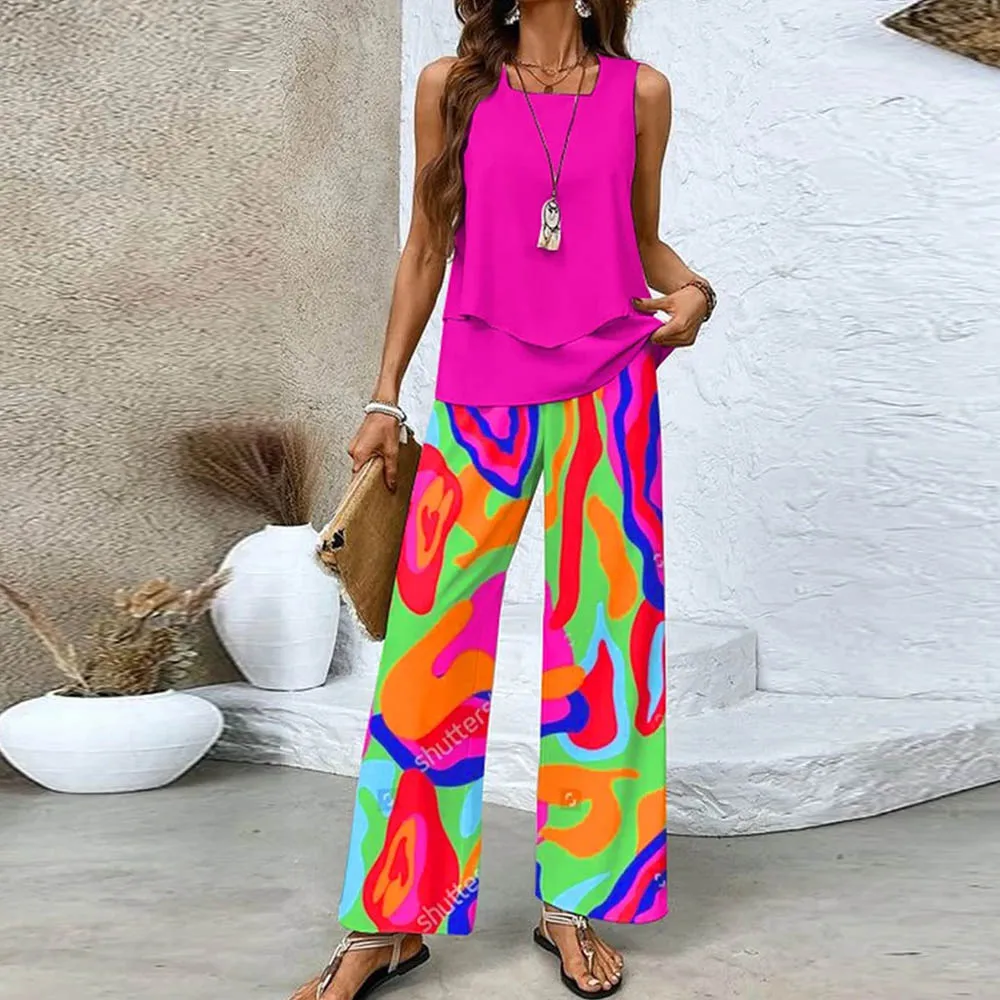 Dwuczęściowy garnitur damski 2024 Summer Stripe Sleeveless Pullove Top and Wide Leg Pants Outfits Fashion Mujer Square Collar Sets