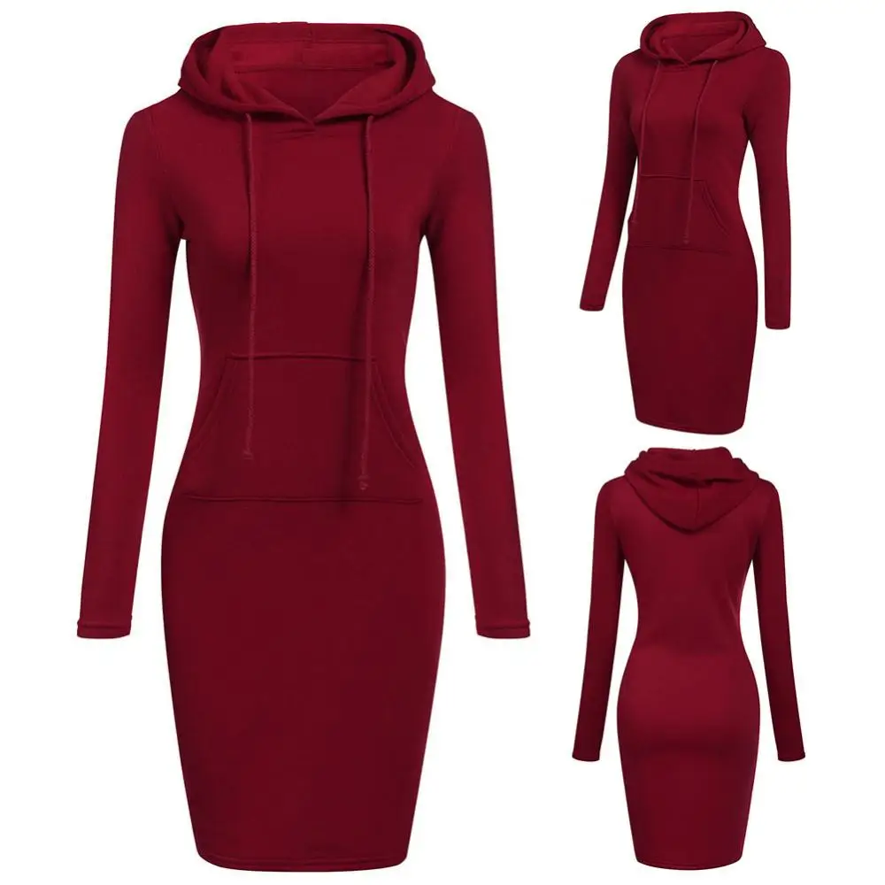 Capuz monocromático de manga comprida feminino, moletom com capuz, vestido bodycon bolso