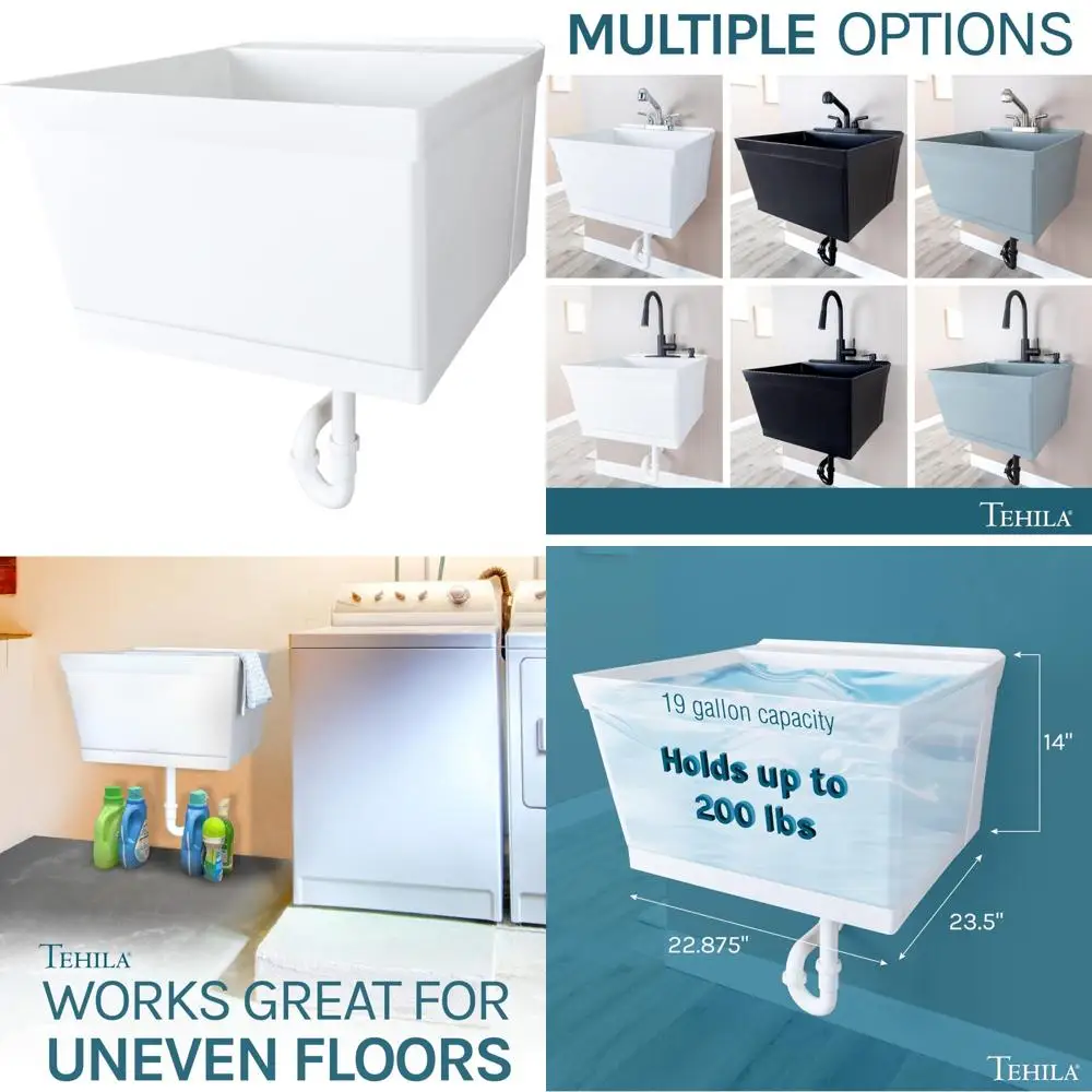 

Wall-Mounted Utility Sink Kit with Bracket, White, Floating Design for Home and Commercial Use