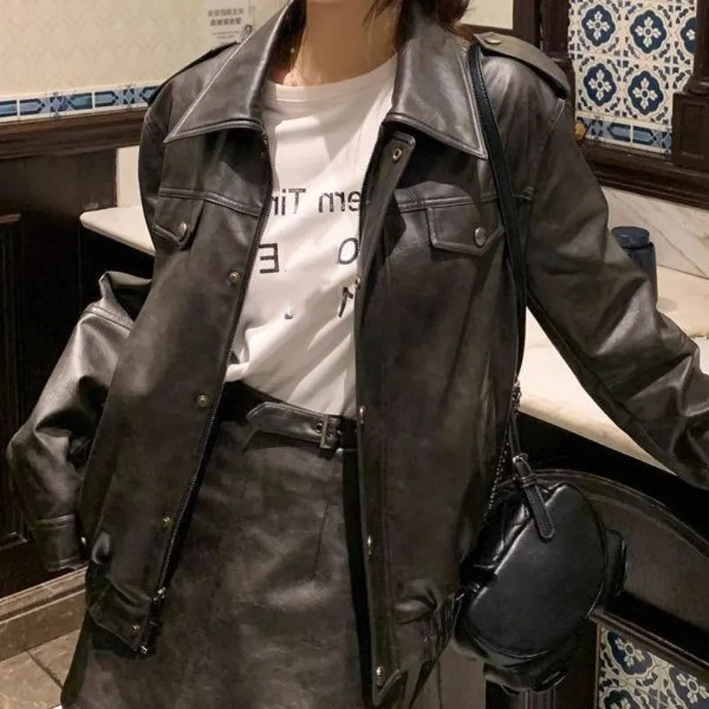 Vintage Brown Black PU Leather Jacket Coat Women and A-line Short Skirt Suits Fashion High Street Two Piece Set Female Outfits