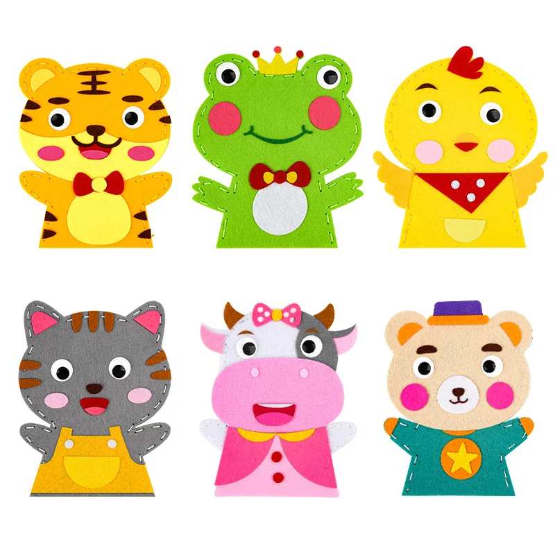 Sewing Animal Hand Puppet Crafts Kit for Kids DIY Cartoon Lion Tiger Penguin Sheep Rabbit Non-woven Hand Doll Puzzle Toys Gifts