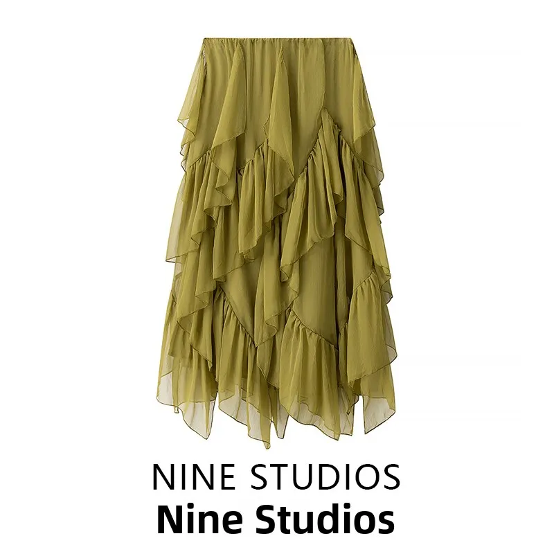 Jupe mi-longue taille haute avec volants, décorations superposées, taille élastique, en mousseline de soie, jupe trapèze décontractée pour femmes, printemps 2025