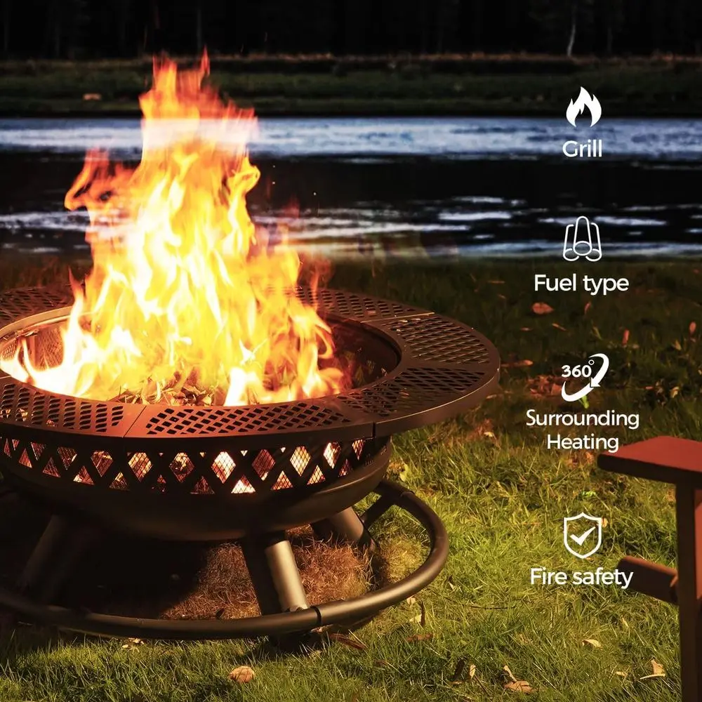 حفرة نار كبيرة مقاس 42 بوصة مع شواية، وطاولة حفرة نار معدنية مستديرة، ومدفأة حرق الخشب للفناء الخلفي والفناء #5