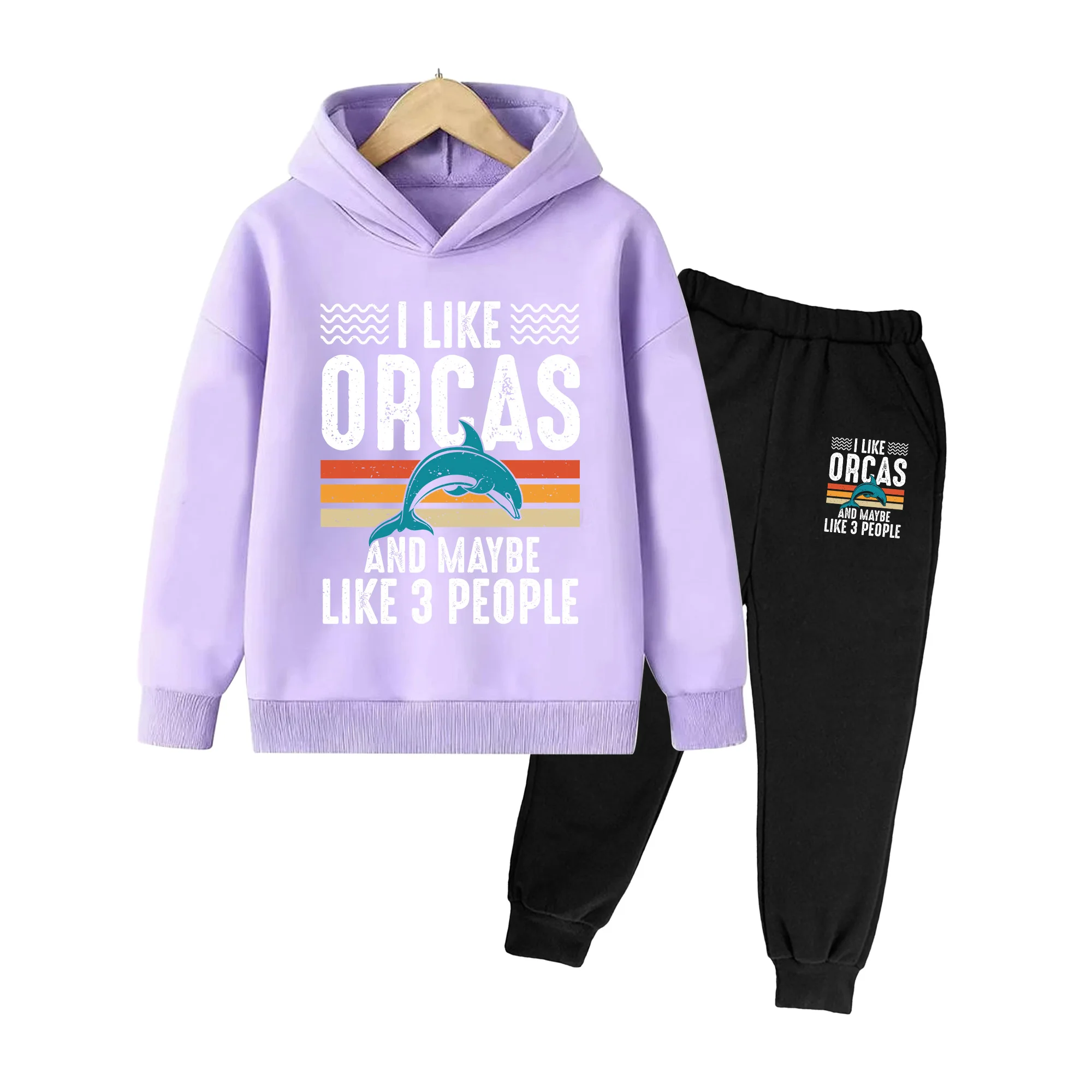 Kids Boys Girls Dolphin Print Hoodie & Sweatpants Set, Vintage Striped Casual Sportswear for Daily Play Outdoor Activities
