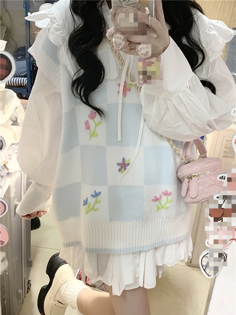 الأمريكية الرجعية Kawaii سترة سترة المرأة عادية زهرة التطريز الخامس الرقبة ضئيلة اليابانية البلوز الحلو ربيع الخريف الشارع الشهير