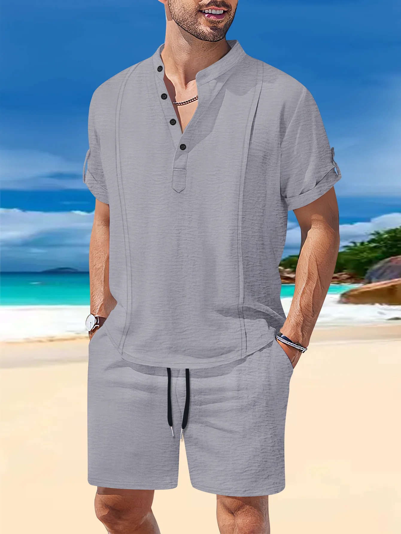 Men's Suit: Fashionable Beach Stand-Up Collar, Solid Color Button, Pullover, Short Sleeve, Drawstring Pocket Shorts