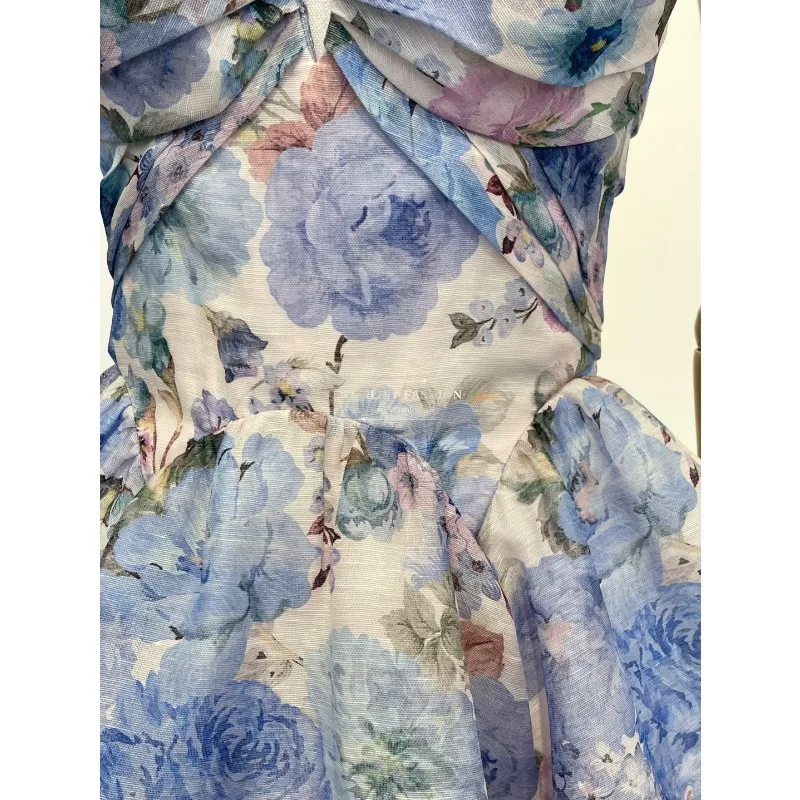 

Backless Mini Dress 2025 High Quality Women Vintage Blue Floral Print Sleeveless