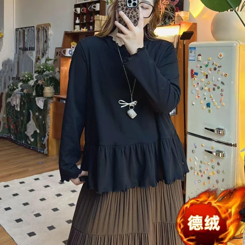 

Плиссированные однотонные простые повседневные топы больших размеров, женская одежда, универсальные трендовые футболки с длинными рукавами, модные Harajuku, весна-осень