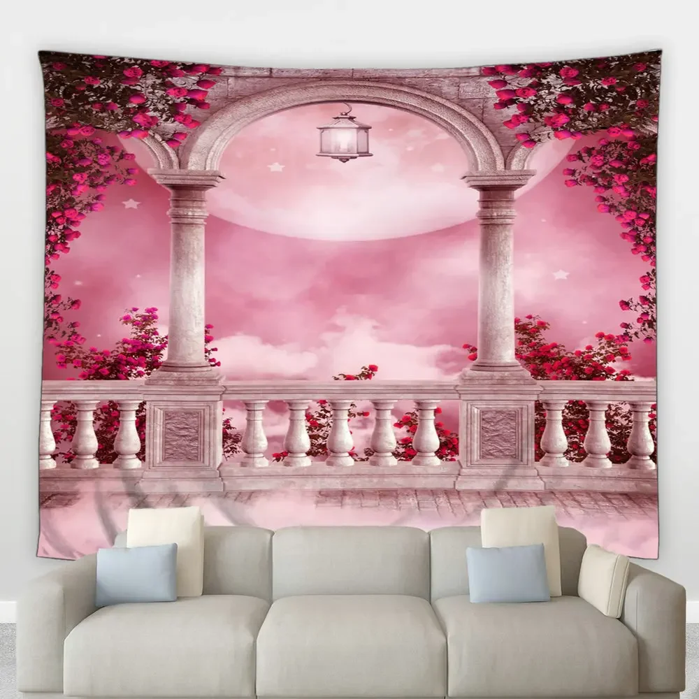 Pink Aesthetic Tapestry Arched Building Doors Windows Plants Flowers Vines Psychedelic Hippie Wall Hanging Bedroom Home Decor