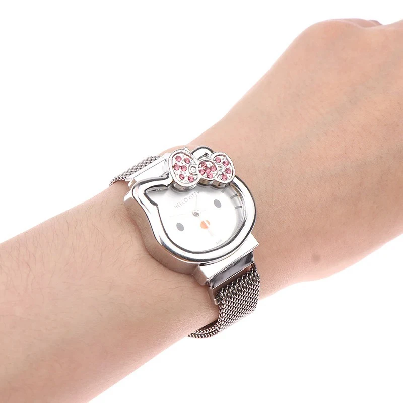 Miniso Anime Cartoon Sanrio Hello Kitty Diamond Bow Students Watch Lovely Girls Stainless Steel Belt Magnet Strap Watch Gifts