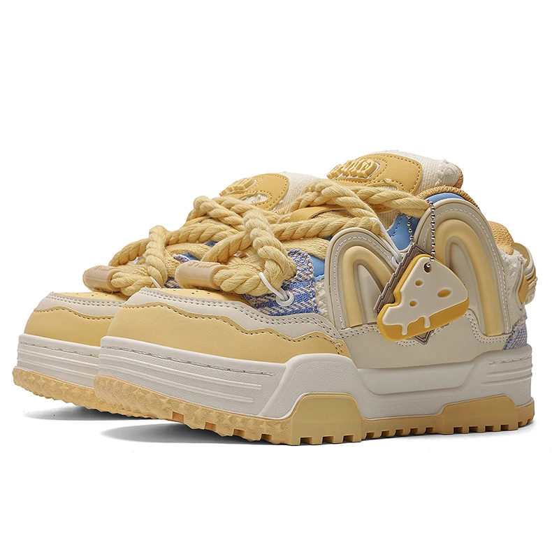 

Q-AND Women Kawaii Cheese Yellow Chunky Platform Skate Sneakers with Cheese Pendant, Thick Height Increasing Sole Casual Walking Shoes, Wear Resistant Non Slip Rubber Outsole Cute Streetwear Footwear