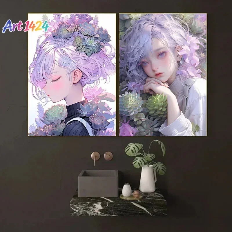 1pc frameless Purple Hair Color Sweet 1pcs Room Floral Girl Posters for Wall ation Canvas Printing Home  Interiors