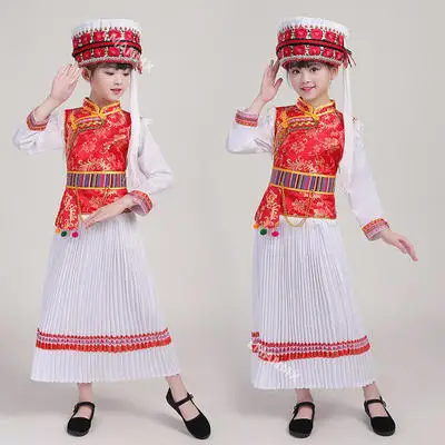 

Детские этнические костюмы, костюмы для выступлений на сцене для девочек Pumi, Naxi, Lisu, костюмы этнических меньшинств Бай