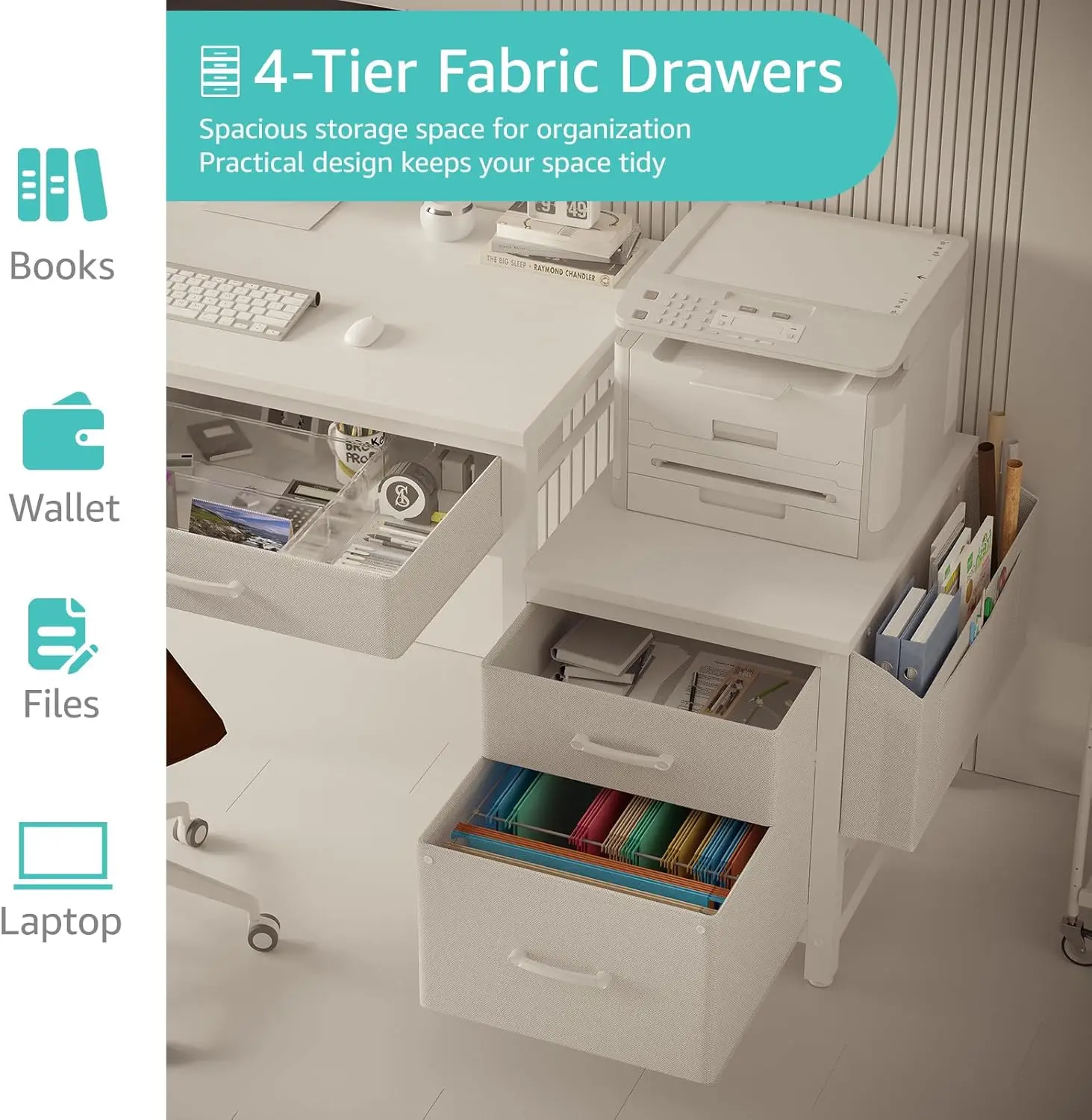 White Computer Desk with Fabric File Drawers Cabinet, 57 Inch Home Office Desks with Reversible Filing Cabinet Printer Stand for