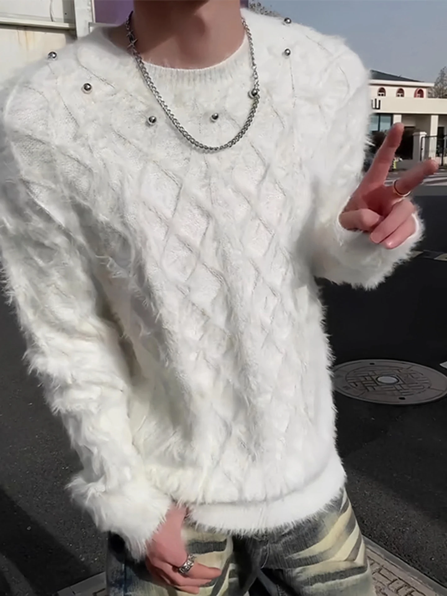 

Американский вязаный свитер с бисерным декором, повседневный, свободный, в уличном стиле, для мужчин и женщин, зимний, модный, универсальный топ