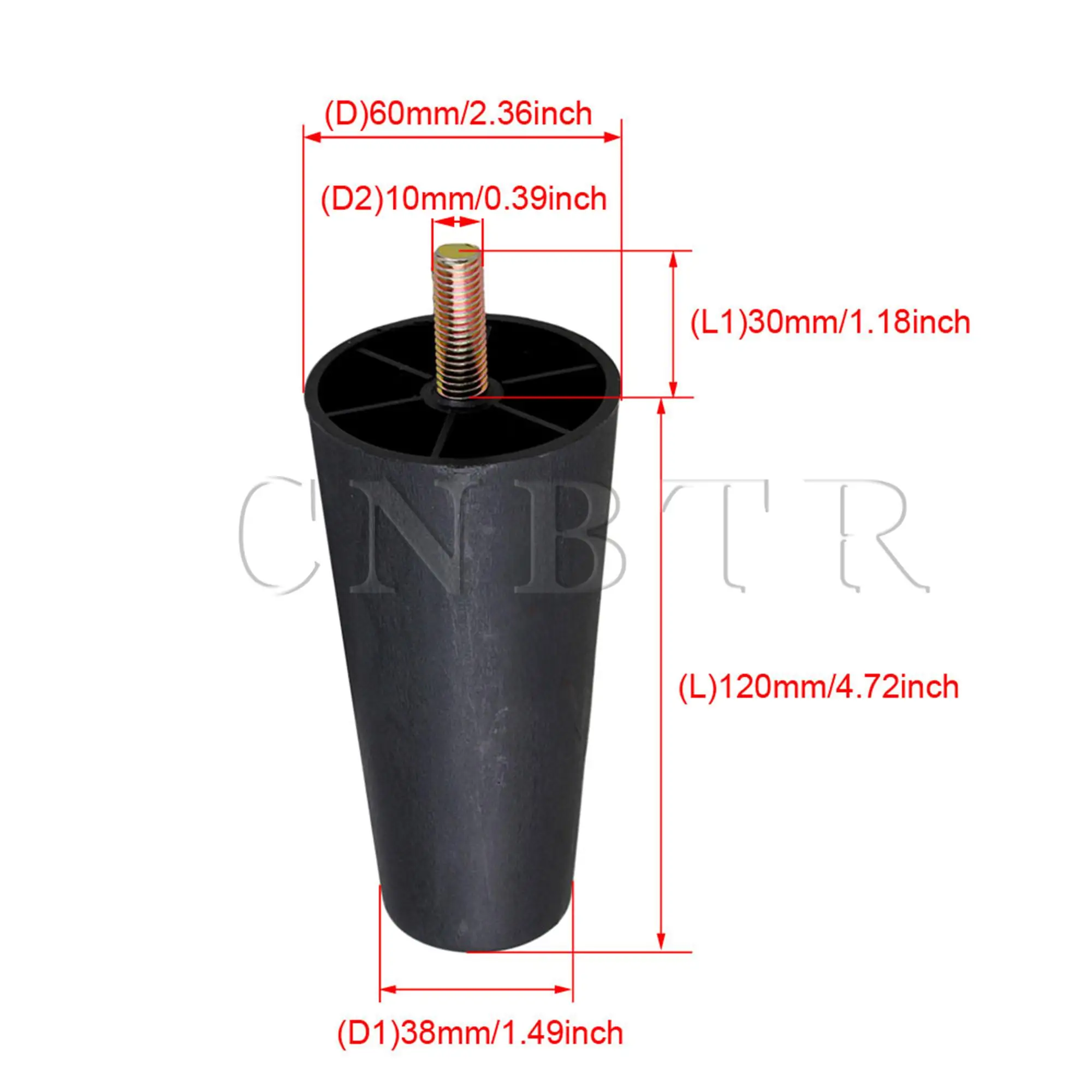 CNBTR 4x Round Tapered Black Plastic Furniture Legs for Sofa 120x60x38mm