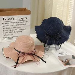 Sombrero de sol de playa de ala grande para mujer, sombrero de hierba con lazo, gorra de vacaciones de moda, primavera y verano, Panamá, H225