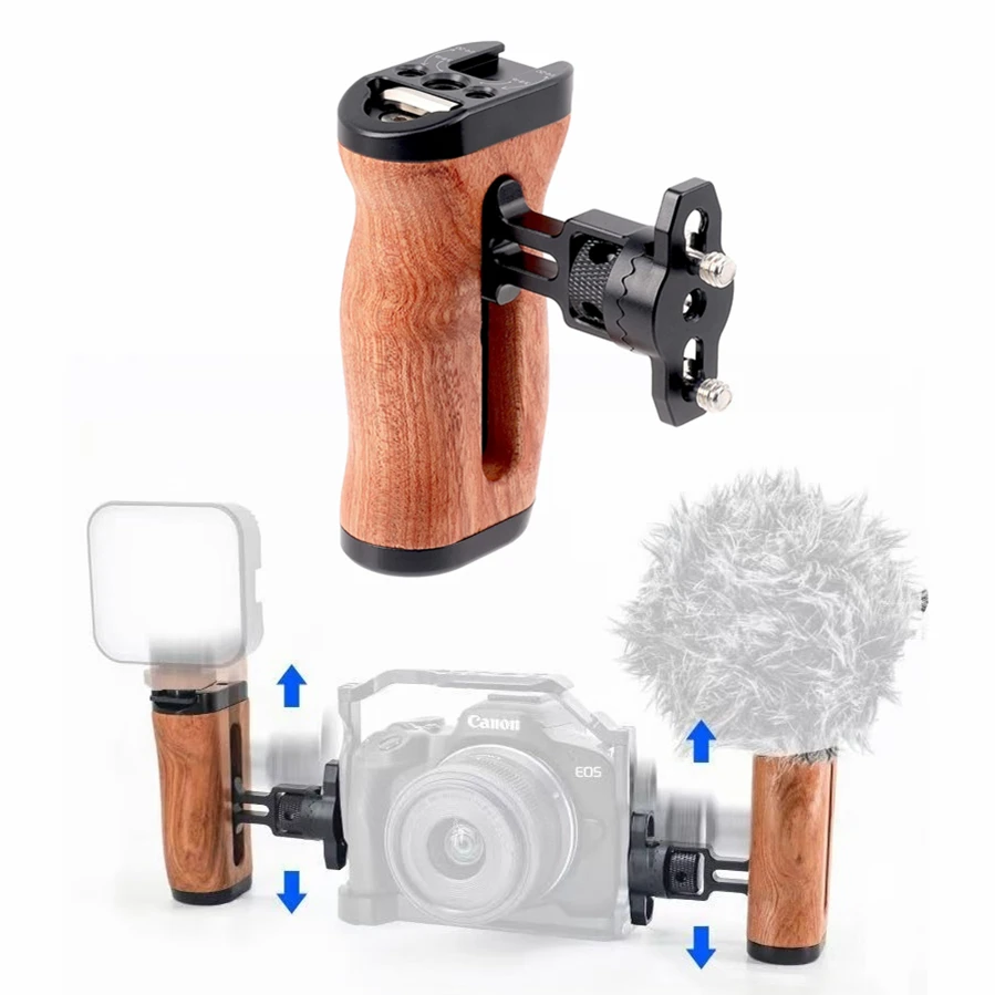 

Противоскользящая деревянная боковая рукоятка для кейджей и рамок DSLR-камер, с регулируемой левой/правой рукояткой и отверстием для крепления Cold Shoe