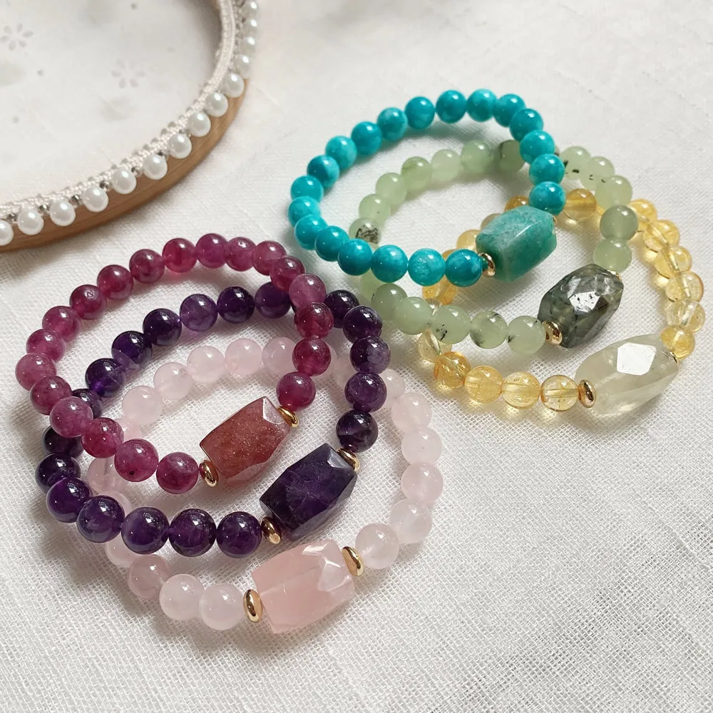 Square Charm Natural Crystal Stone Bracelets Round Beads Strand Real Amazonite Amethysts Pink Quartz Purple Crystal Bracelet