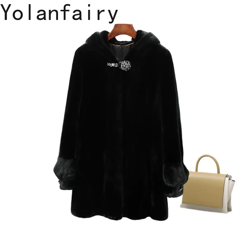 YOLANFAIRY Czyste, całkowicie naturalne futra z norek dla kobiet, z kapturem, zimowe, średniej długości, naturalne futro, modne czarne futra, Abrigo Mujer