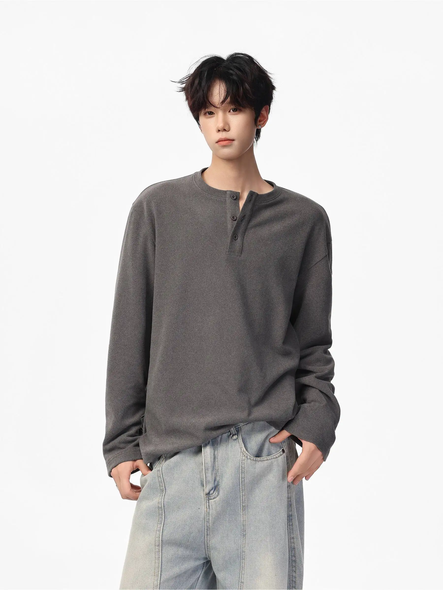 

Man Base Layer 2026 Spring Heavyweight Fleece Henley Shirt Men's Loose Warm Inner Wear Long Sleeve T-shirt Top