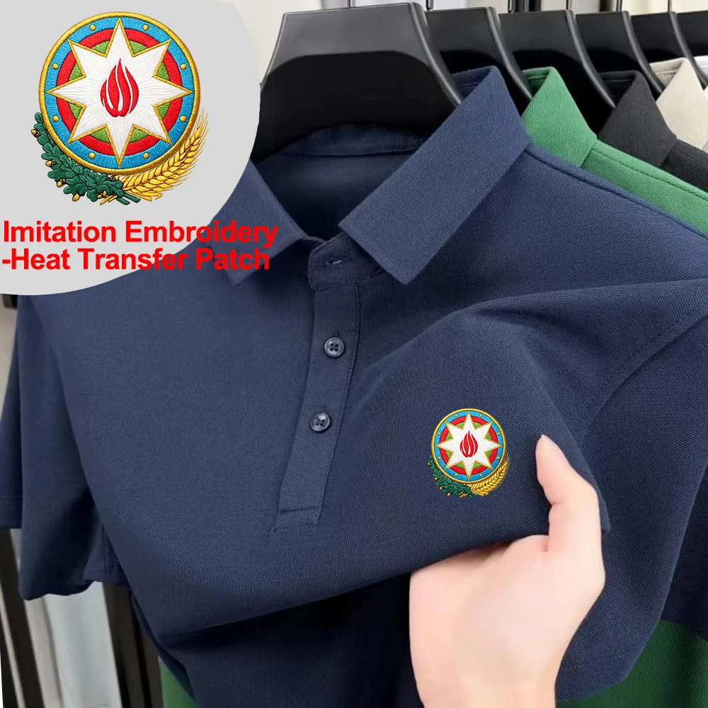 Poloshirts mit Aufdruck des Azerbaijanischen Wappens, Herren-Basic-Kurzarm-T-Shirt, Sommer, bequeme Revers-Oberteile, lässige sportliche Kleidung