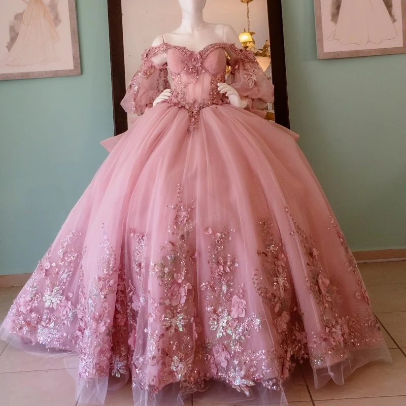 Luxury Pink Ball Gown Quinceanera Dresses Charming Appliques Beaded Flower Off Shoulder Sweet 16 Dress Lace-up Vestidos 15 De