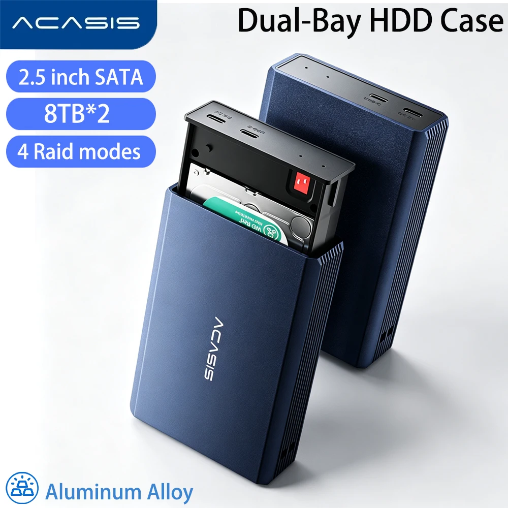 ACASIS Dual‑Bay 2.5 Inch SATA HDD SSD Enclosure Aluminum Alloy  USB 3.0 Dual Hard Drive Dock Support RAID/JBOD Tool‑Free 2*8TB External Hard Drive Disk Array Case