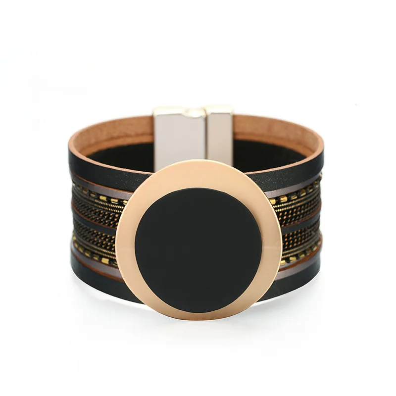 Kirykle Boho Leather Bracelet for Women 2023 Circle Matte Metal Board Charm Wide Bracelet Female Jewelry Girl Party Gift