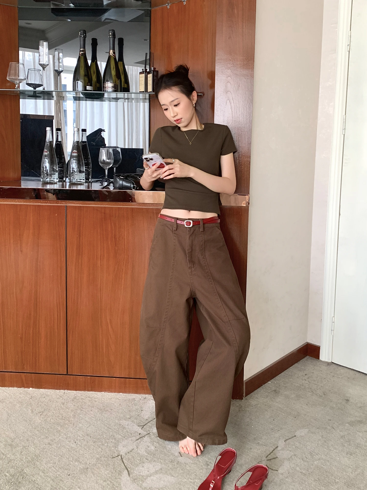 

American Sle Loose Wide Leg Jeans Women's Low Waist Slimming Drapey Knife Brown Denim Spring Summer New Arrival