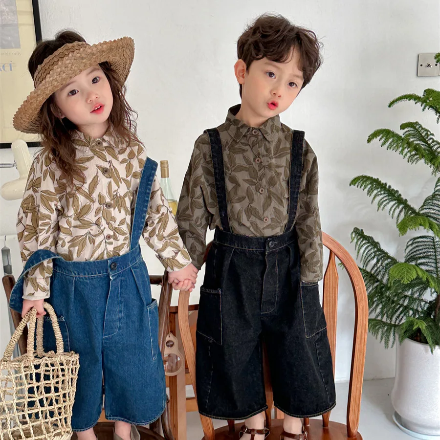 

Spring Autumn Children Boy 2PCS Clothes Set Leaf Print Single Breasted Shirt Cotton Straight Denim Overalls Suit Kid Boy Outfits