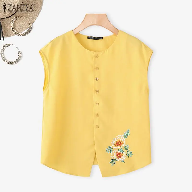 

ZANZEA Summer Women Sleeveless Tops Shirts Fashion Print Blouse 2026 Elegant Buttons O-Neck Casual Loose Office Work Tunic Blusa
