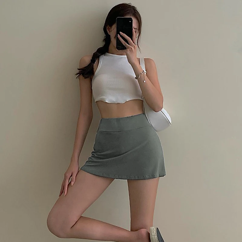 Women's Tennis Mini Skirt Solid Color High Waisted Casual Wrap Skirt Mini Skirt with Lined Shorts for Active Commuting