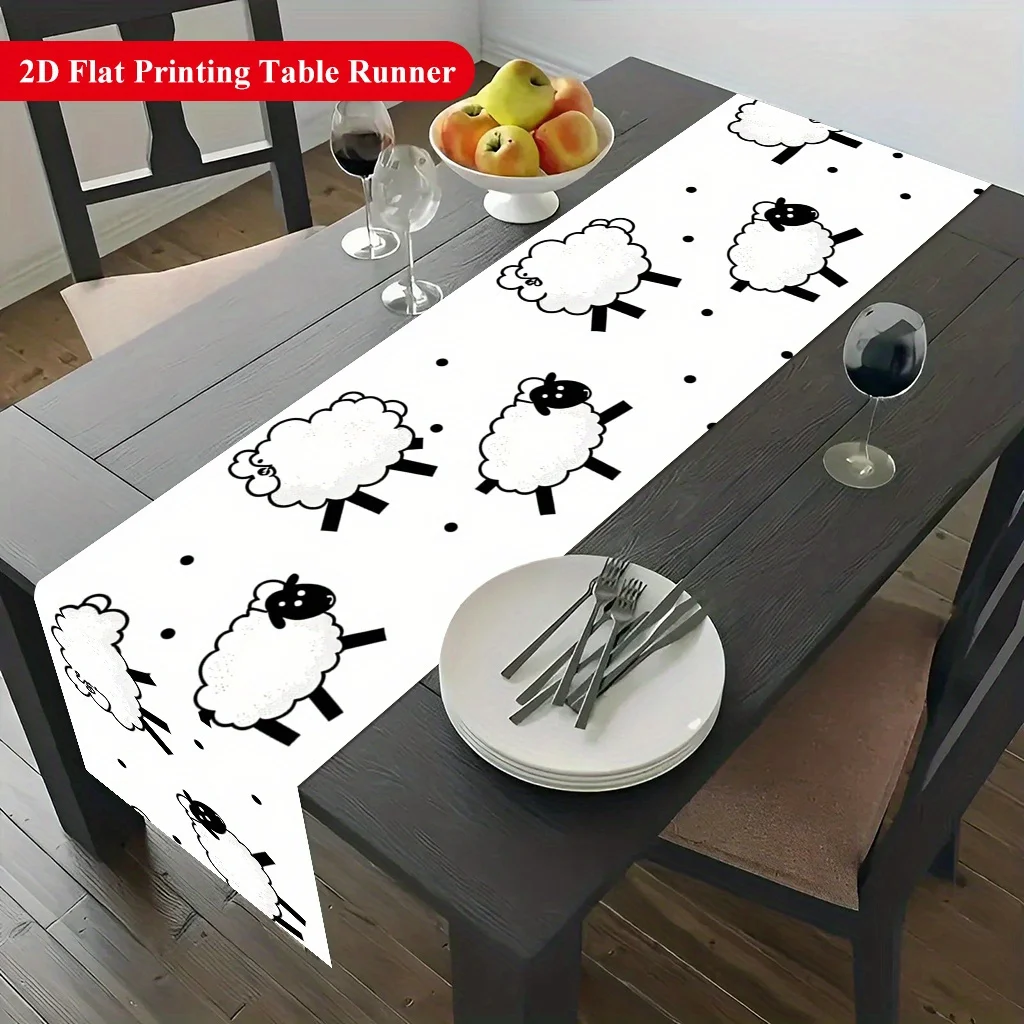White Sheep Meadow Landscape Print Table Runner - Pastoral Nature Motif Decoration for Dining Coffee Table Home Kitchen Feast