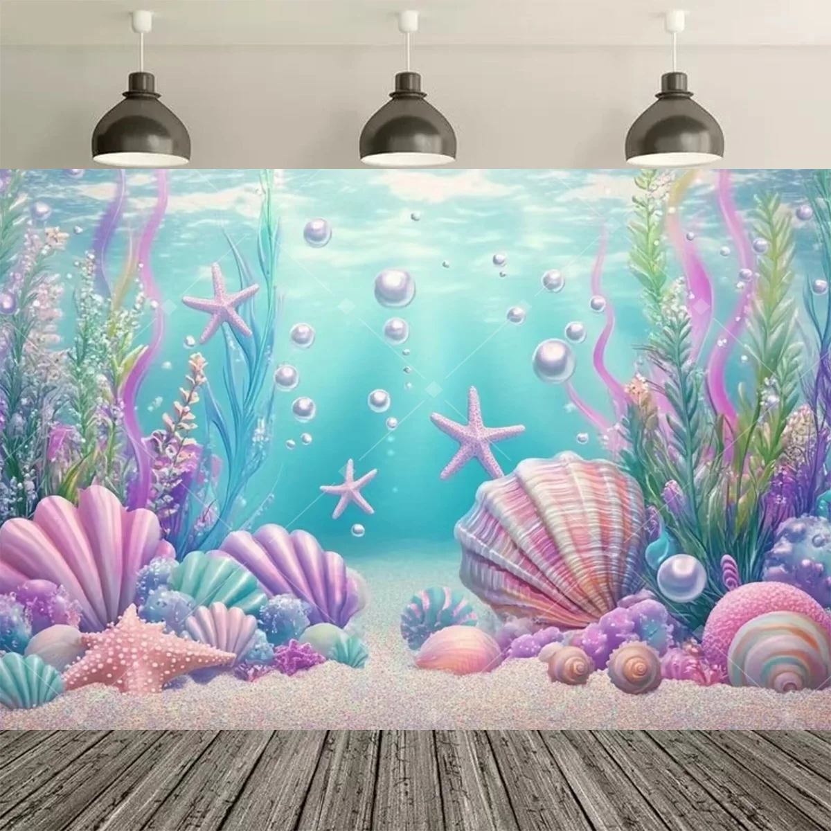 Unterwasserwelt Meerjungfrau Geburtstagsparty Dekoration Hintergrund Meerjungfrauenschwanz Geburtstagsbanner Mädchen Party Studio Kuchentisch Deko – Detail 4