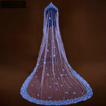 Noiva de luxo longo feito à mão frisado flores azuis véu de noiva