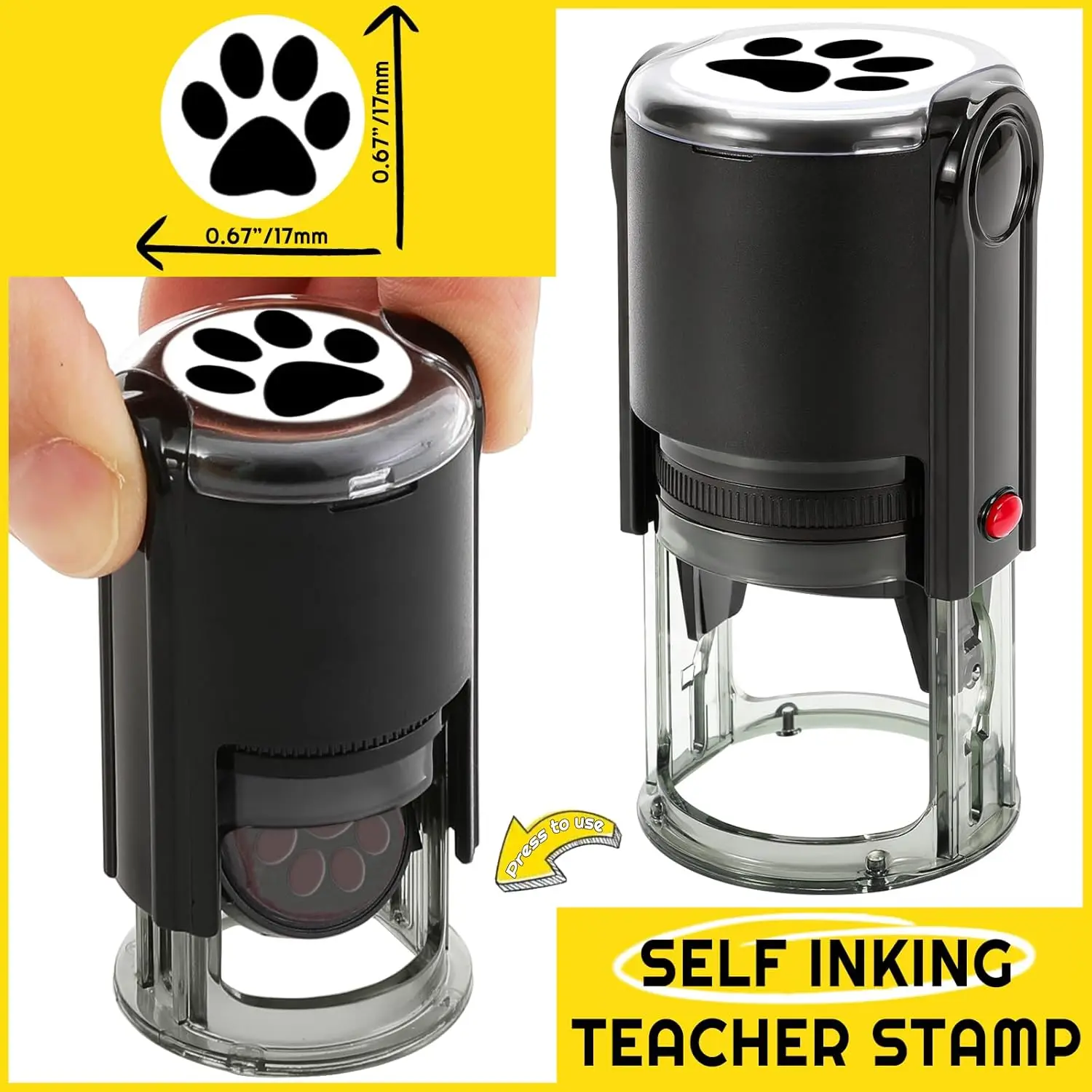 Self-Inking Paw Stamp for Teachers, Classroom Rewards, Educational Activities, Black Ink, 17mm