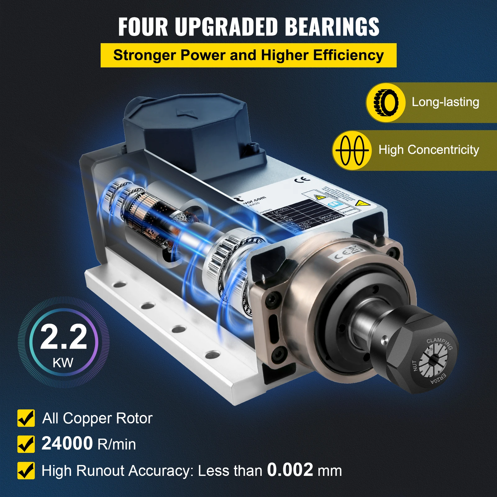 VEVOR 2.2KW CNC kwadratowy silnik wrzeciona chłodzony powietrzem ER20 tuleja zaciskowa 4 łożyska przetwornica częstotliwości CNC Router grawerowanie
