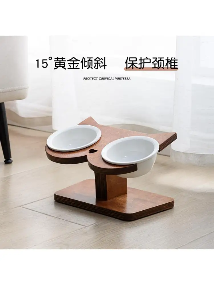 

Solid Wood Ceramic Cat Bowl, Protects Cervical Spine against the Spine, Cat Bowl Holder, Diagonal Mouth, Food Basin