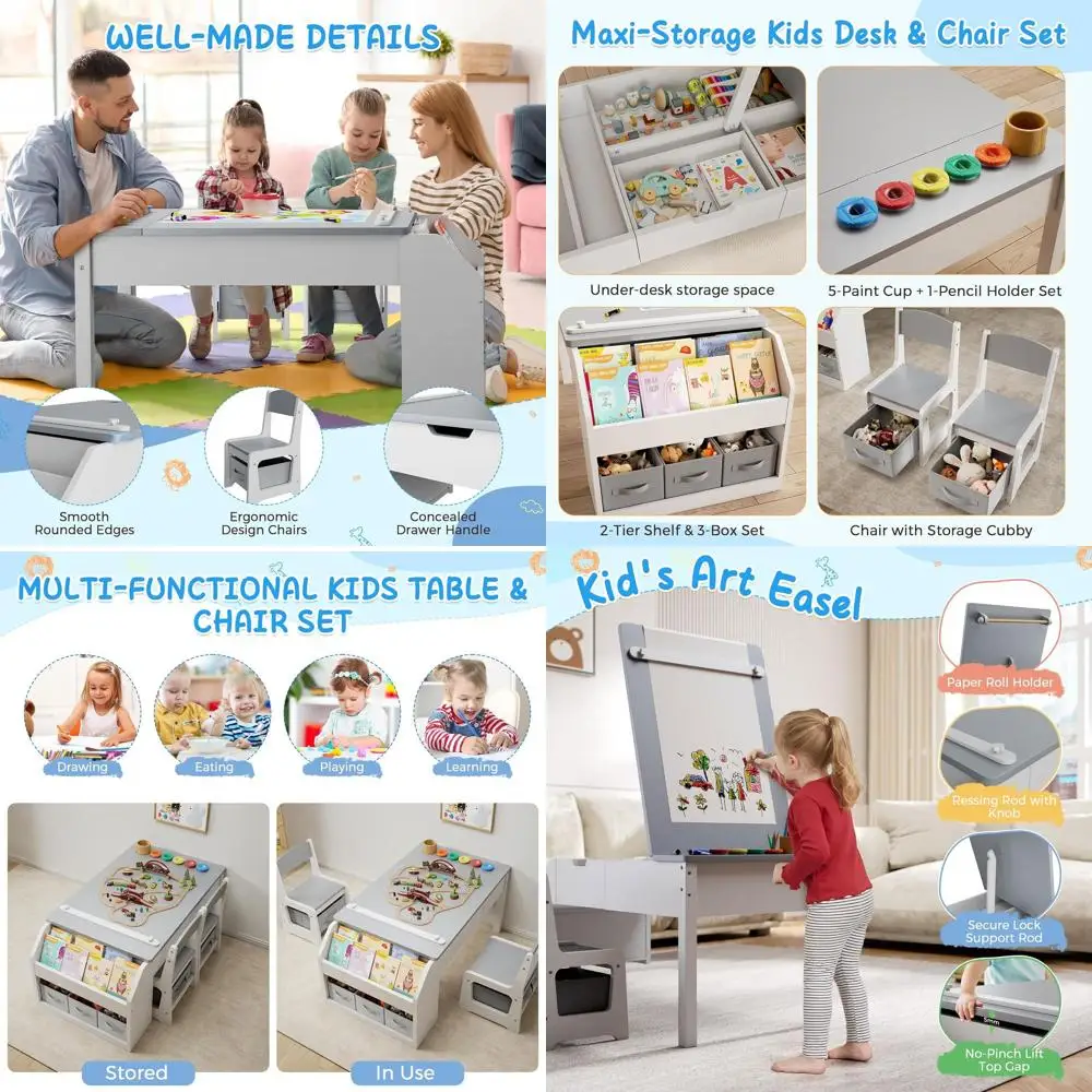 

Gray 5-in-1 Toddler Art Table with Chairs, Play Desk, and Storage, Convertible Easel for Kids' Learning and Activities