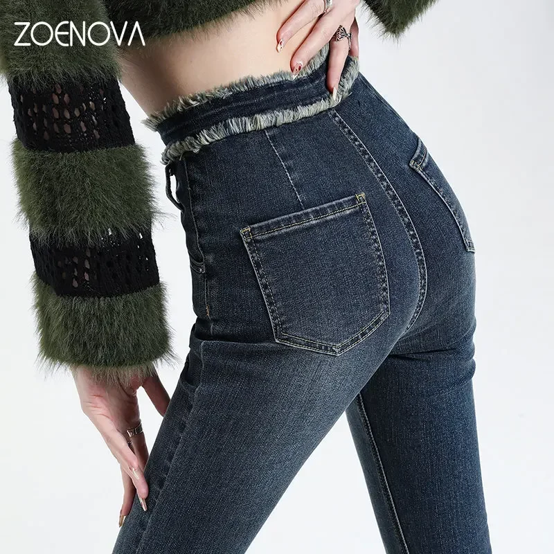 ZOENOVA 2023 Spring Vintage Wide Jean Female Irregular American Fashion Full Length High Waist Tassel Trouser Leg Flare Hem Y2K