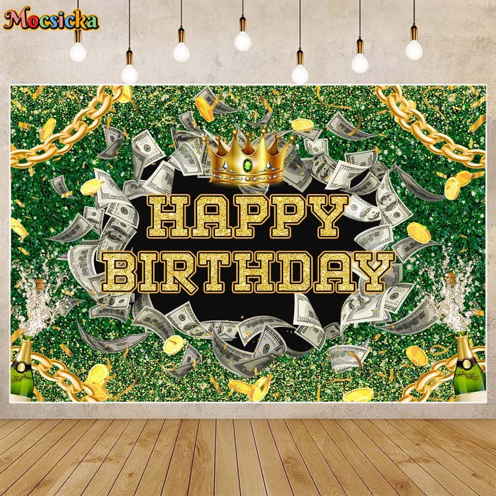 

Mocsicka Green Glitter Birthday Backdrop Dollar Banknote Crown Adult Child Birthday Party Decor Photo Background Photocall Props