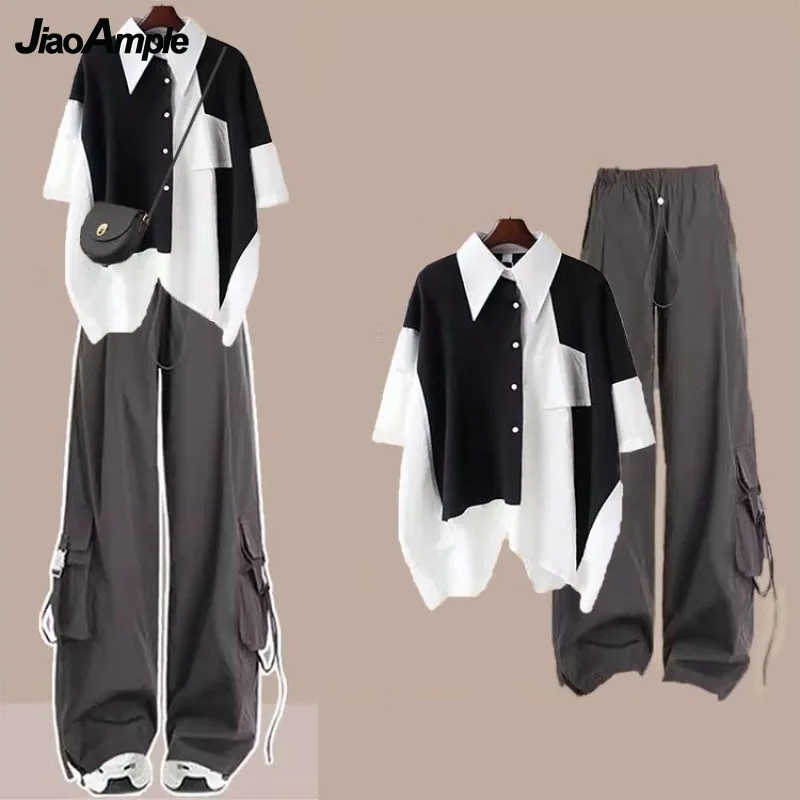 

Women's 2024 Summer New Casual Tracksuit Matching Set Korean Elegant Short Sleeved Patchwork Shirt+work Pants Two-piece Suit